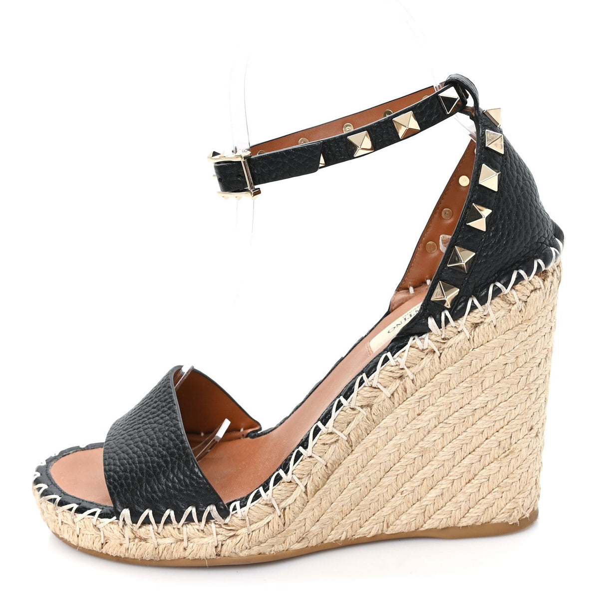 Valentino Garavani Grained Calfskin Women's Rockstud Espadrille Wedges 35 Black