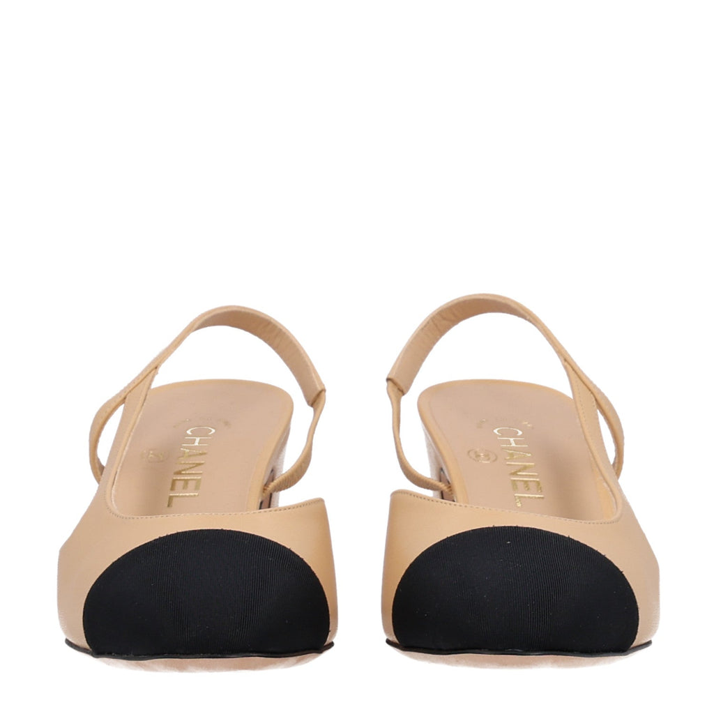 Chanel Goatskin Grosgrain Cap Toe CC Slingback Women's Pumps