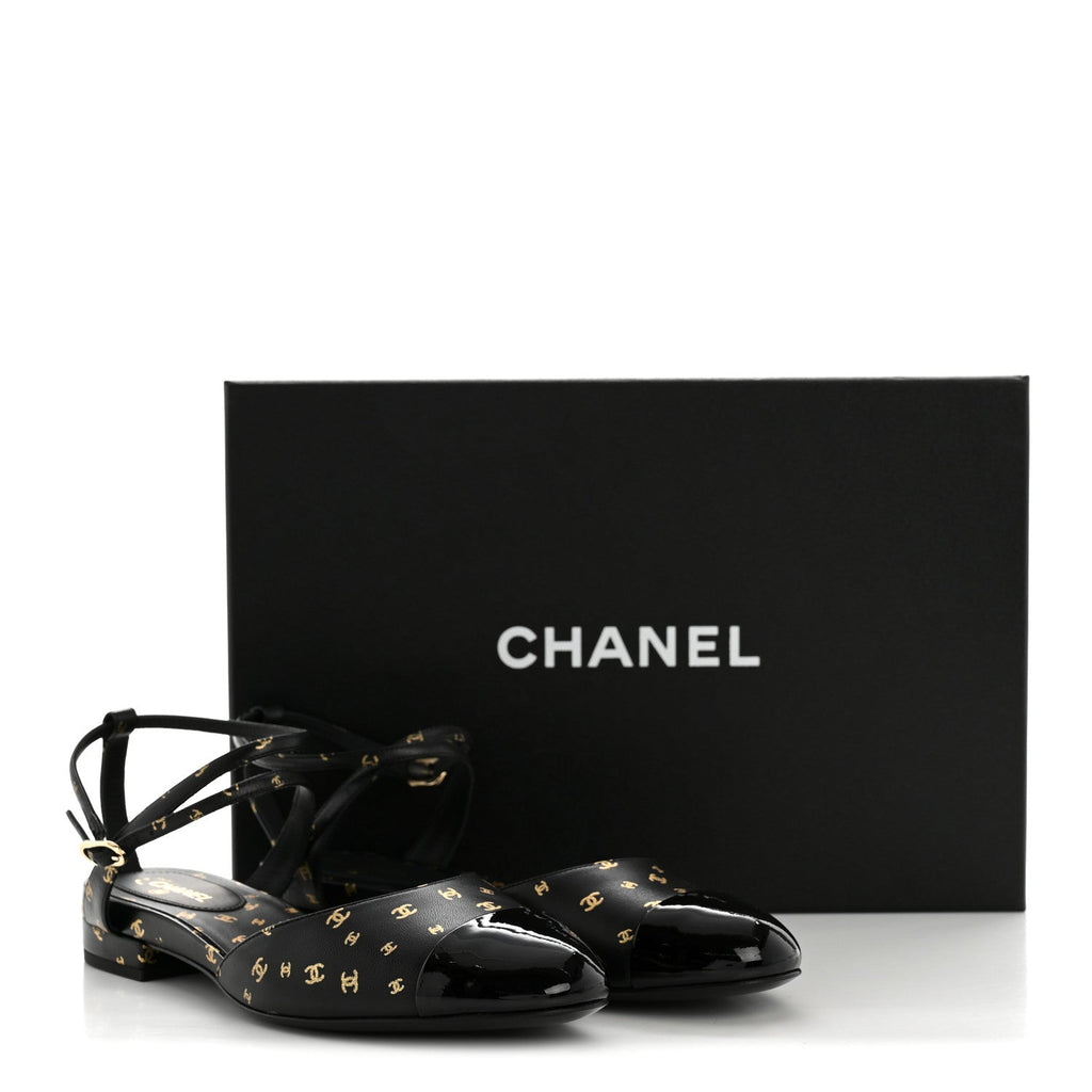 Chanel Lambskin Patent Calfskin Women's Cap Toe CC Slingbacks 36.5 Black Gold