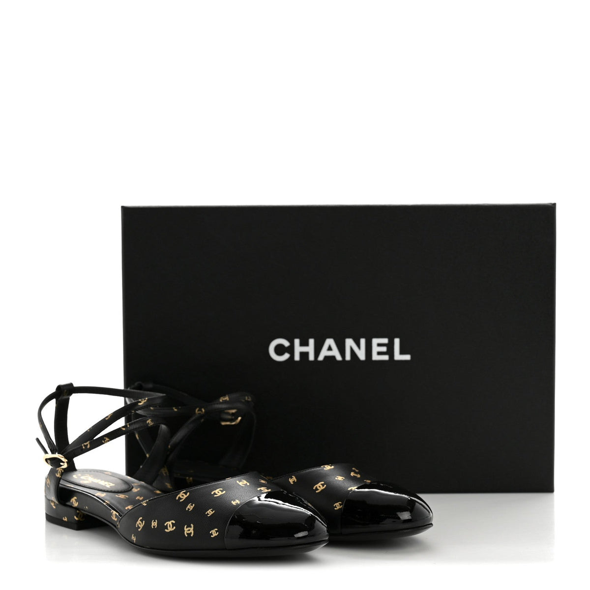 Chanel Lambskin Patent Calfskin Women's Cap Toe CC Slingbacks 36.5 Black Gold