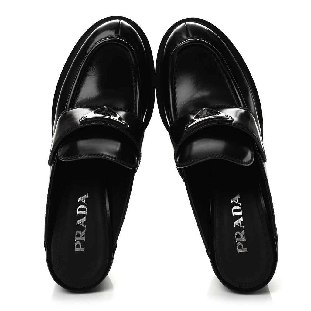 Prada Spazzolato Women's Triangle Logo Platform Loafer Mules 38.5 Black