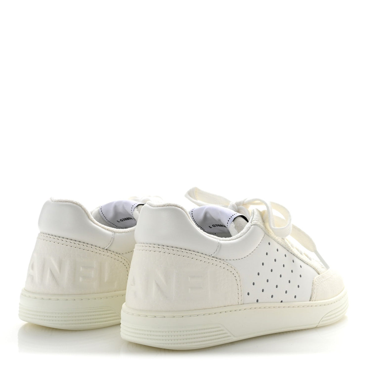 Chanel Grained Calfskin Fabric Women's Logo Sneakers 37.5 White
