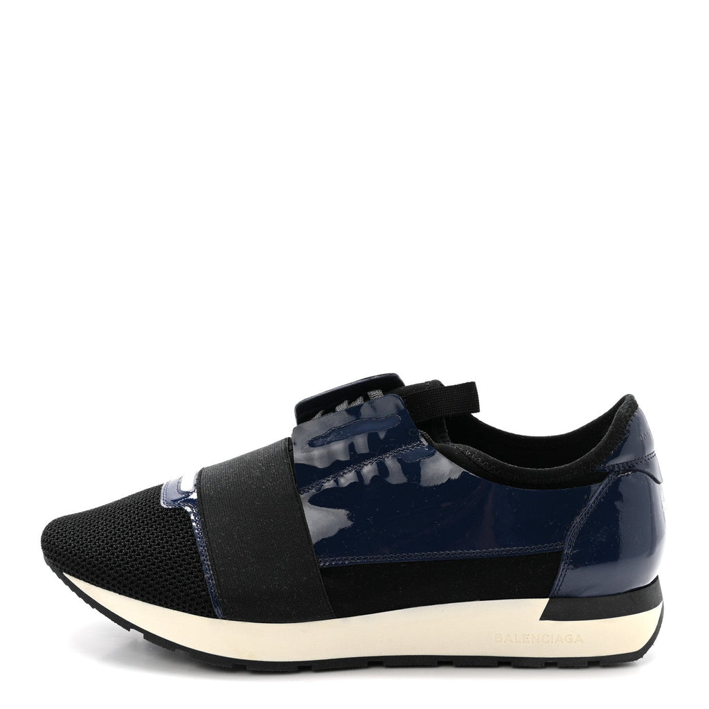 Balenciaga Patent Calfskin Neoprene Mesh Suede Men's Race Runner Sneakers 43 Black Navy