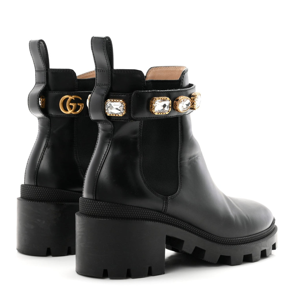 Gucci Calfskin Women's Crystal GG Trip Chelsea Ankle Boots 36.5 Black