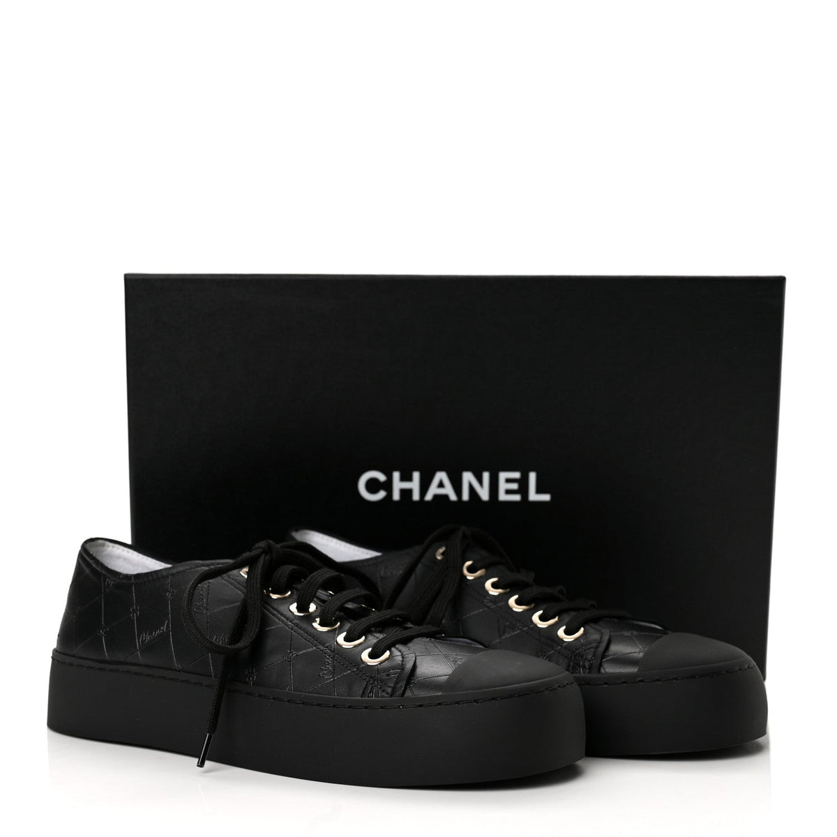 Chanel Lambskin Printed Logo Women's Sneakers 38 Black