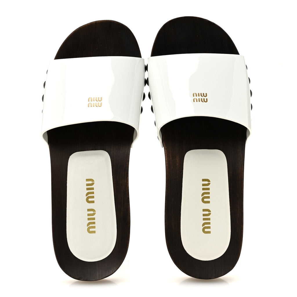 Miu Miu Patent Leather Women's Vernice Logo Slide Clogs 36 White