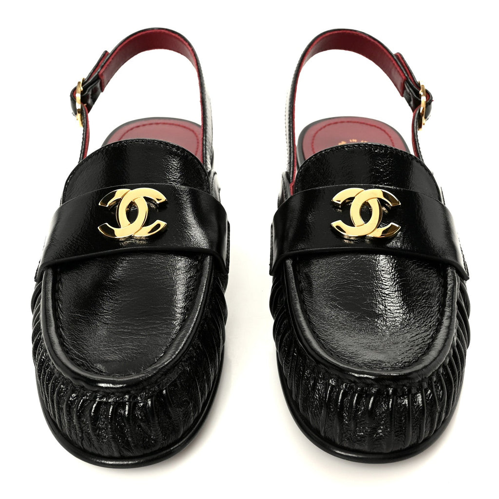 Chanel Crumpled Shiny Lambskin Women's CC Slingback Mocassin 38.5 Black