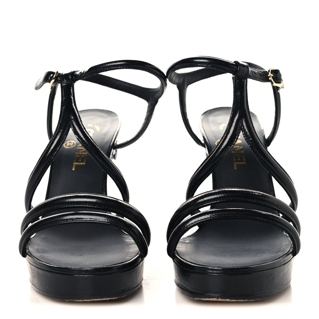 Chanel Patent Crumpled Calfskin Women's Parthenon Platform Sandals 39.5 Black