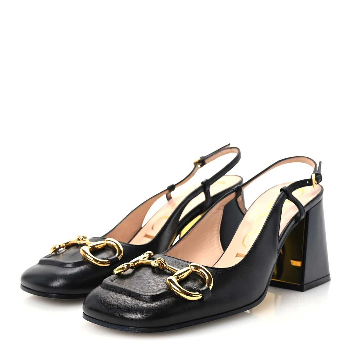 Gucci Malaga Kid Horsebit Women's 75mm Slingback Pumps 37 Black