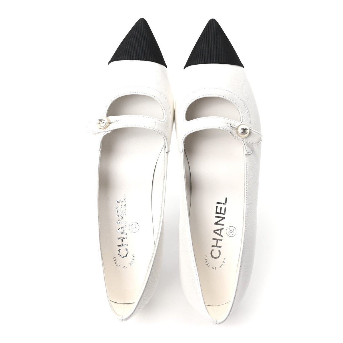 Chanel Lambskin Grosgrain Women's Pearl Mary Janes Flats 37.5 White Black