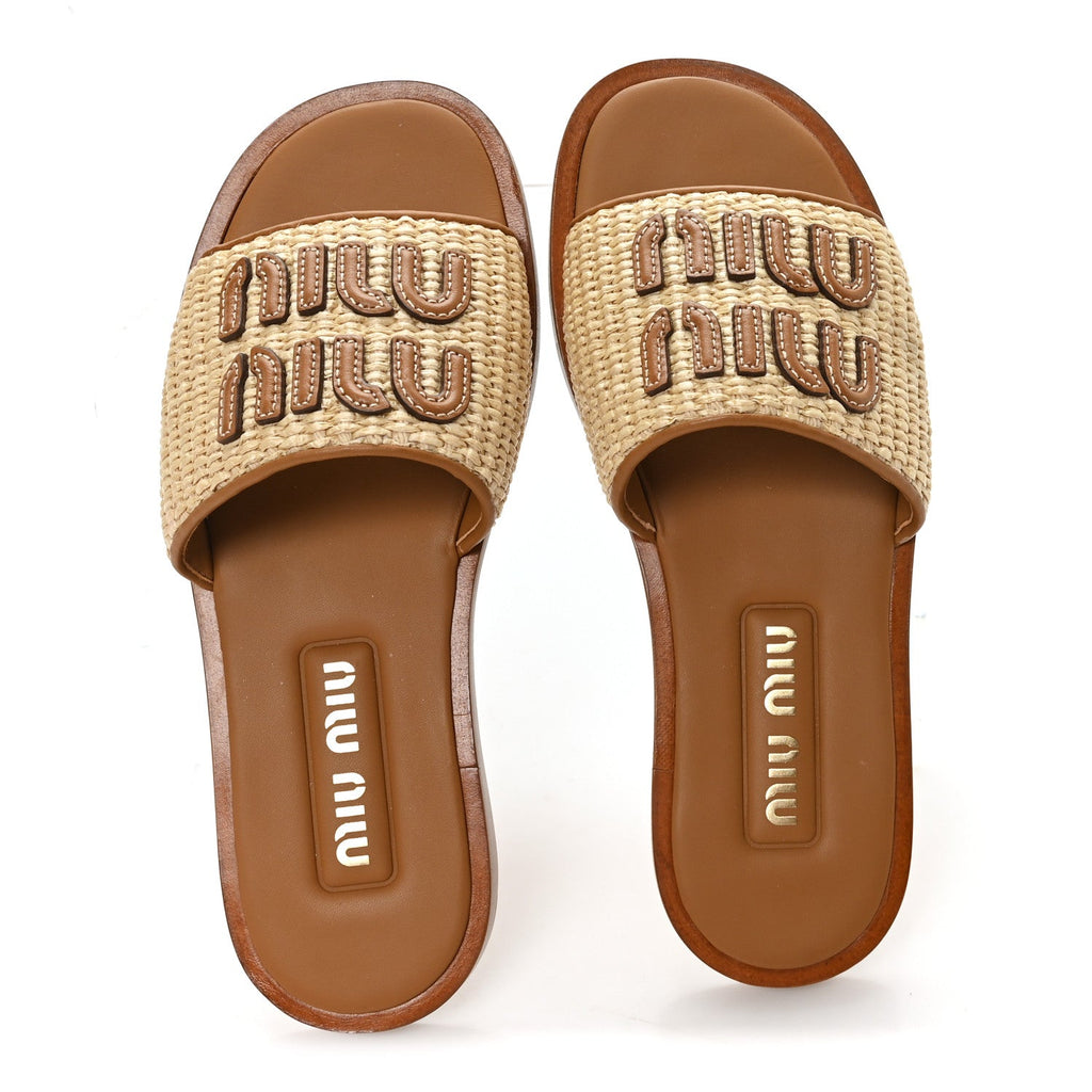Miu Miu Stuoia Raffia Calfskin Women's Logo Sandals 36 Naturale