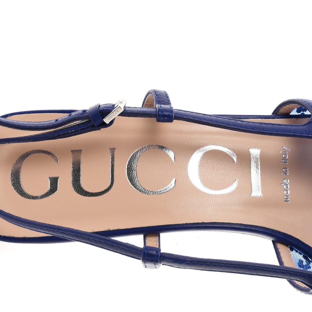 Gucci Tela Retino Nappa Women's Charlotte 35mm Slingback Pumps 38 Splash Net Blue