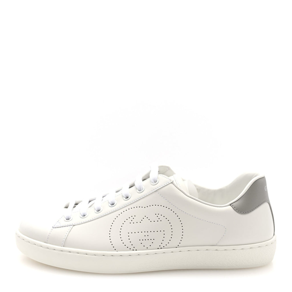 Gucci Calfskin Men's Interlocking G Perforated Ace Sneakers 8 White Grey Sky