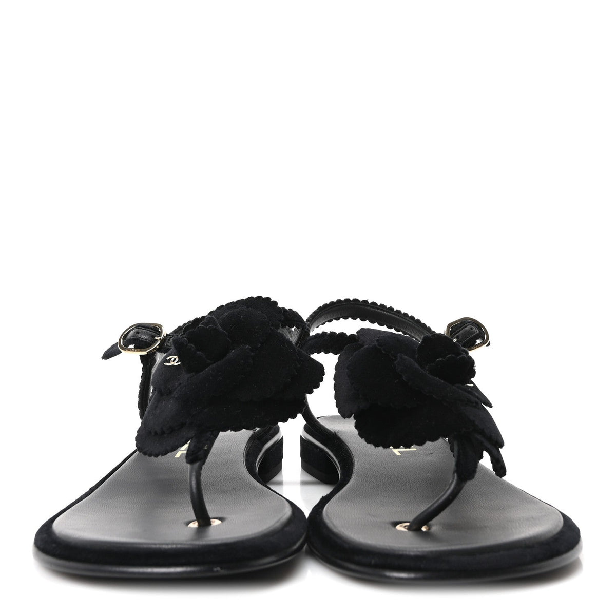 Chanel Velvet Pearl Camellia Women's Thong Sandals 37.5 Black