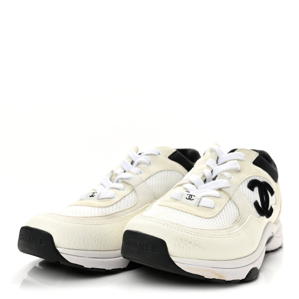 Chanel Mesh Suede Calfskin CC Women's Sneakers 38.5 White Black