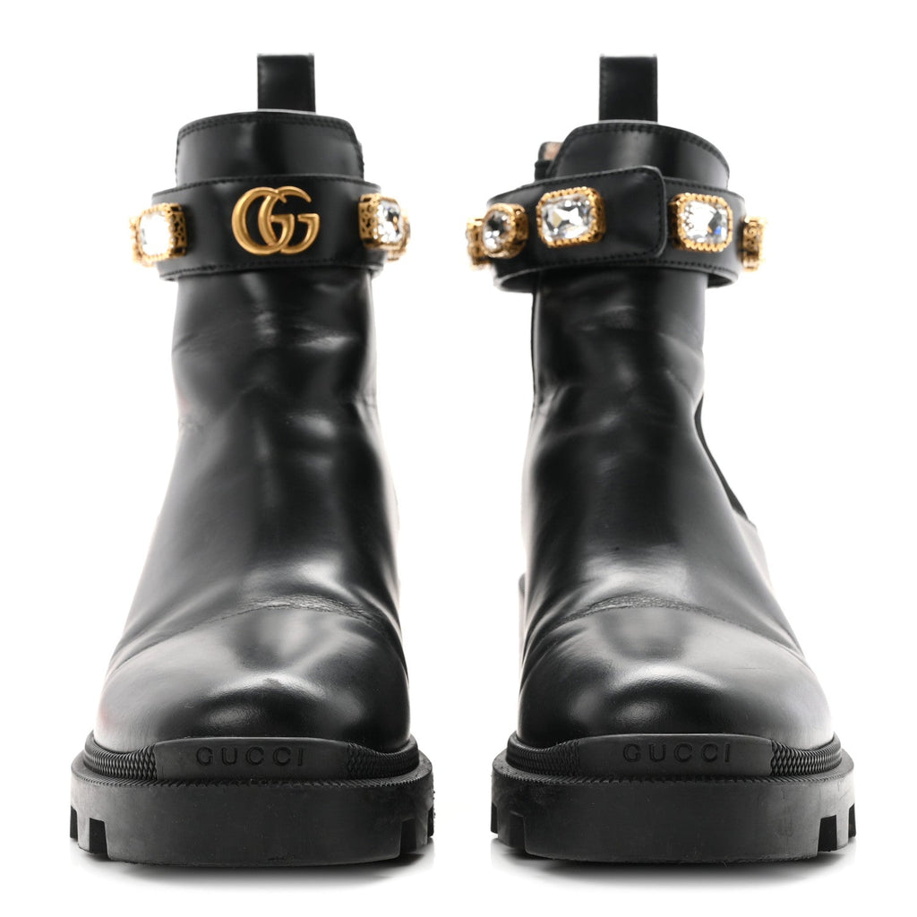 Gucci Calfskin Women's Crystal GG Trip Chelsea Ankle Boots 36.5 Black