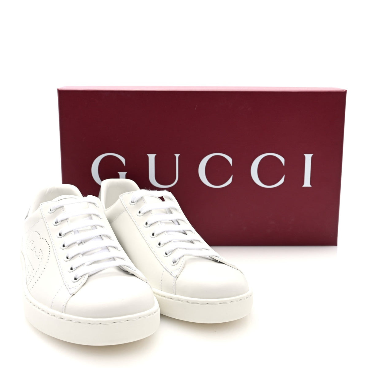 Gucci Calfskin Men's Interlocking G Perforated Ace Sneakers 8 White Grey Sky