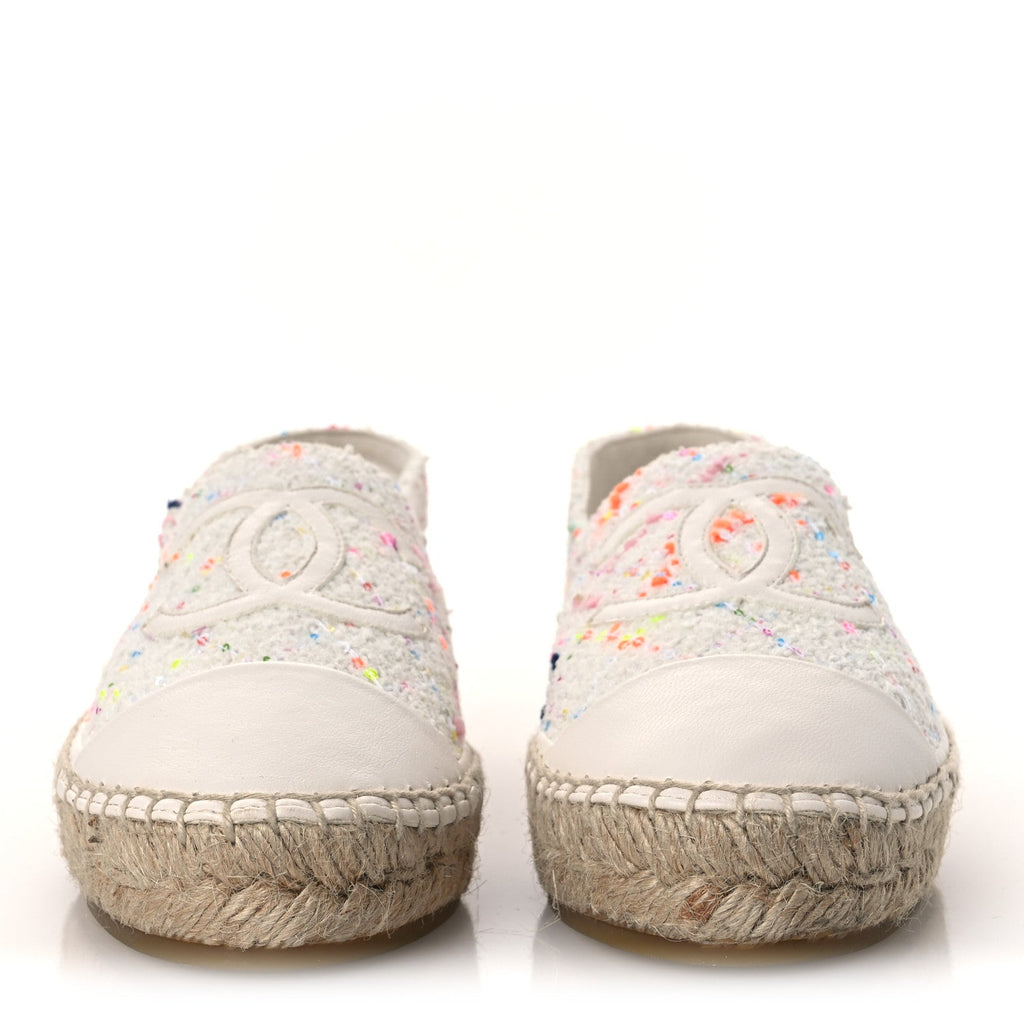 Chanel Glittered Tweed Lambskin Women's CC Espadrilles 36 White Multicolor