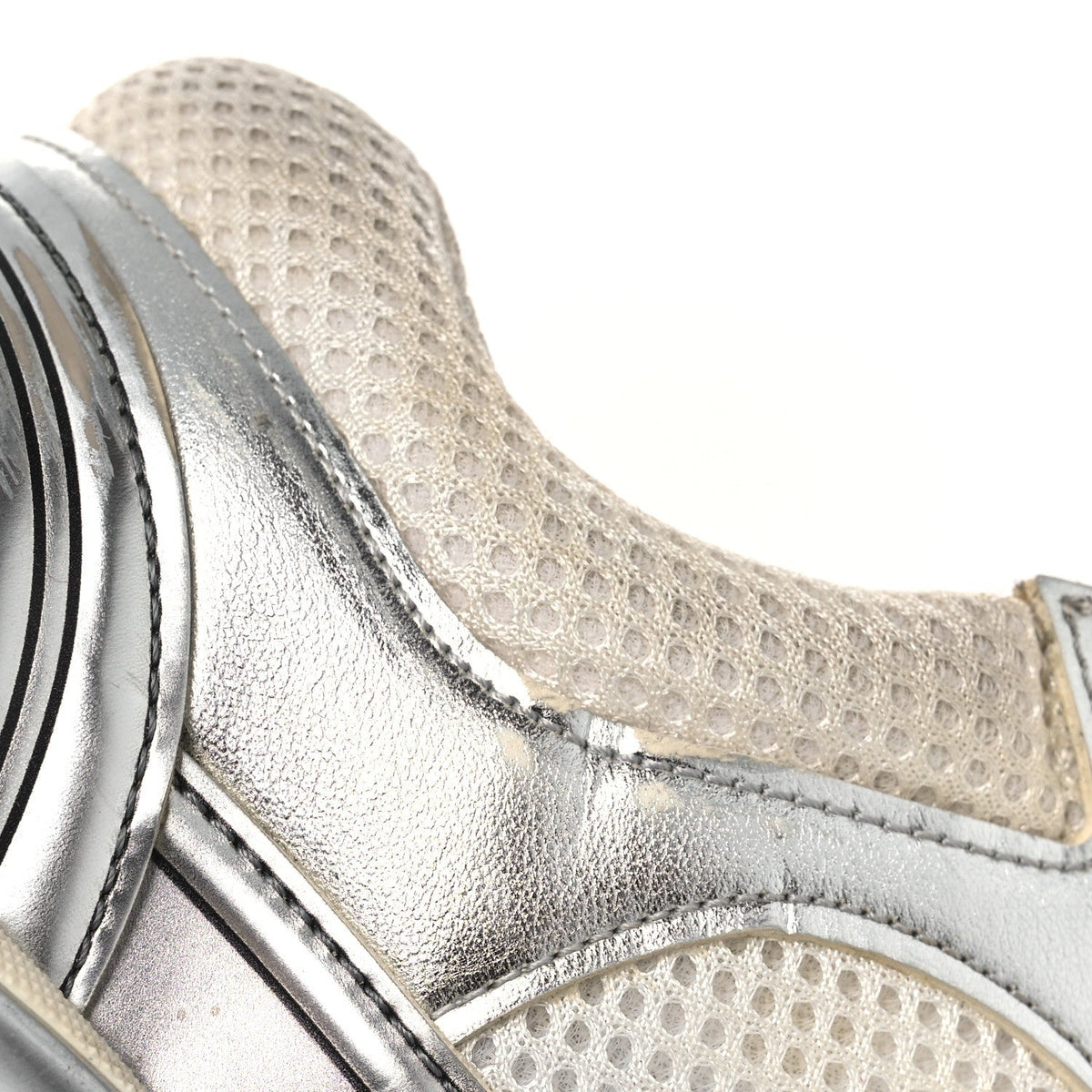 Chanel Fabric Laminated Calfskin Stretch Women's CC Sneakers 38.5 White Silver