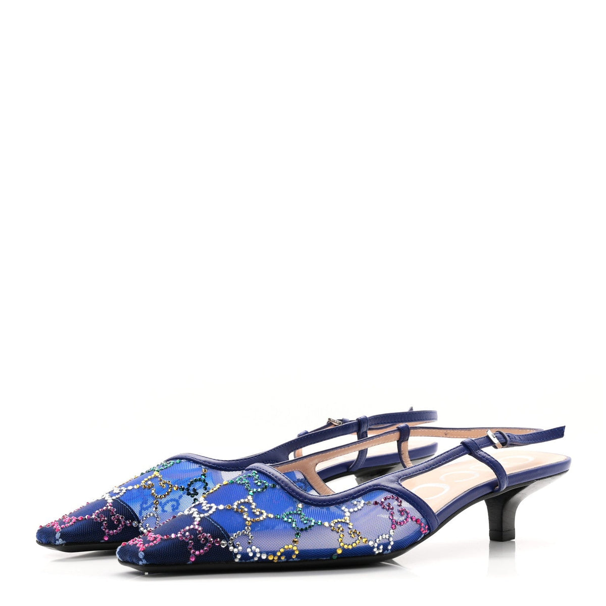 Gucci Tela Retino Nappa Women's Charlotte 35mm Slingback Pumps 38 Splash Net Blue