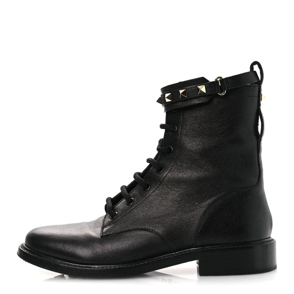 Valentino Garavani Calfskin Women's Rockstud Combat Ankle Boots 37 Black