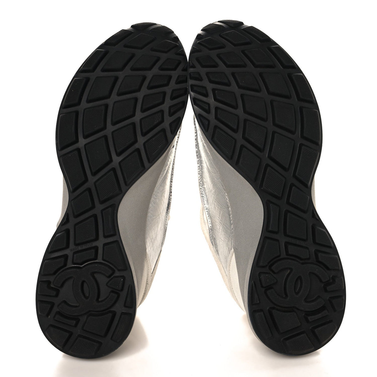 Chanel Laminated Calfskin Suede Women's CC Sneakers 39.5 Silver Light Grey