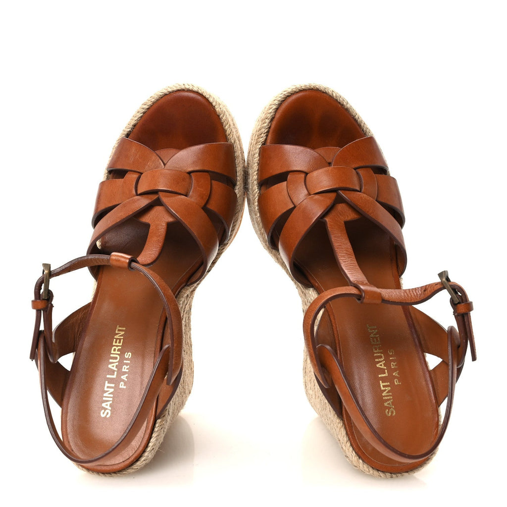 Saint Laurent Calfskin Women's Tribute 95 Platform Sandals 37 Brown