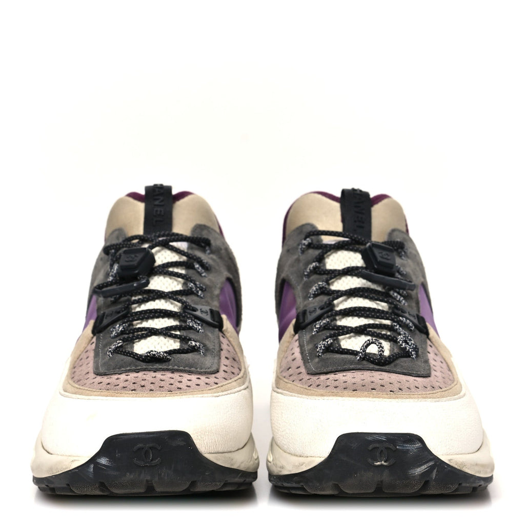 Chanel Fabric Suede Calfskin Mesh Women's CC Sneakers 42 White Grey Purple
