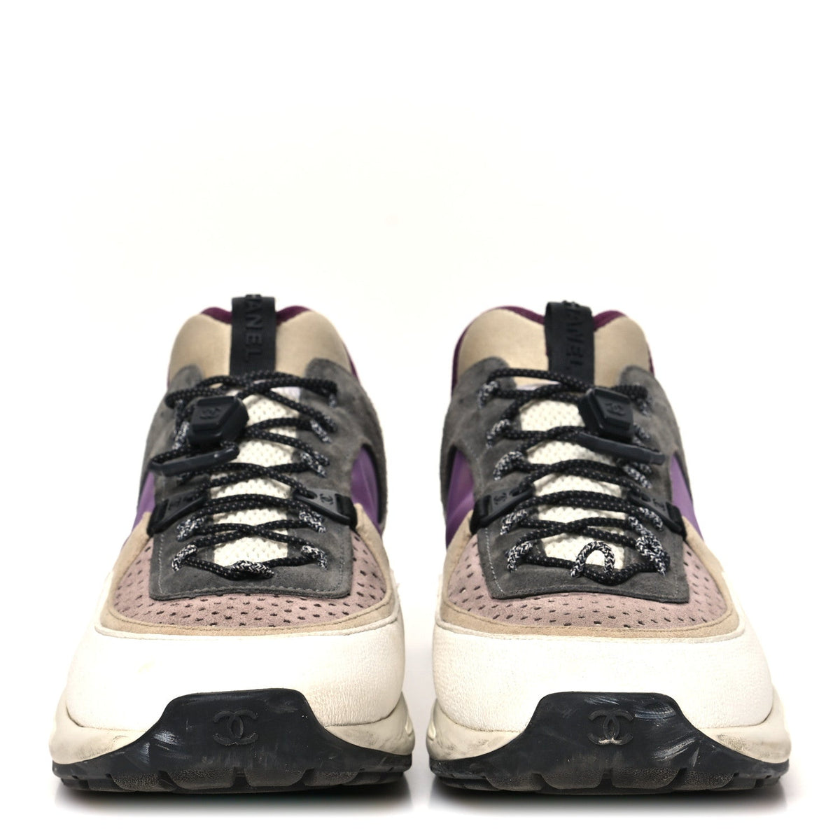 Chanel Fabric Suede Calfskin Mesh Women's CC Sneakers 42 White Grey Purple