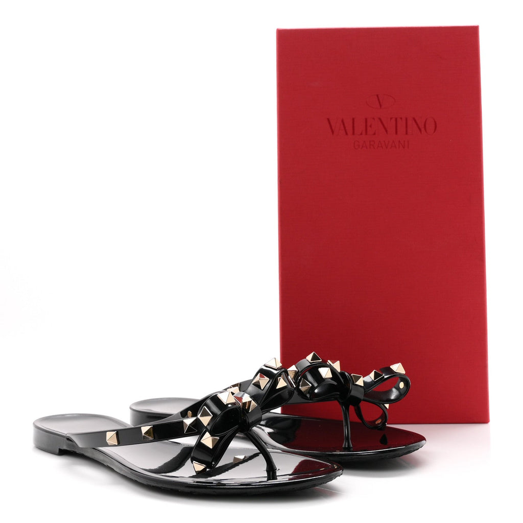 Valentino Garavani PVC Jelly Women's Rockstud Bow Thong Sandals 40 Black