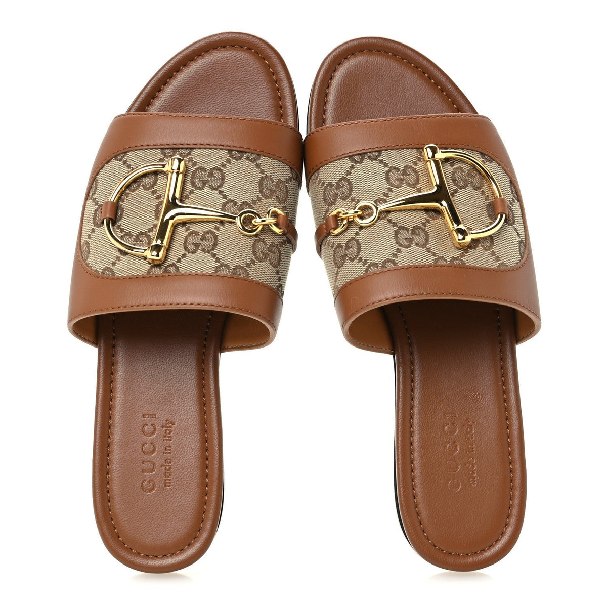 Gucci Monogram Calfskin Women's Horsebit Slide Sandals 38 Sundial Beige Ebony