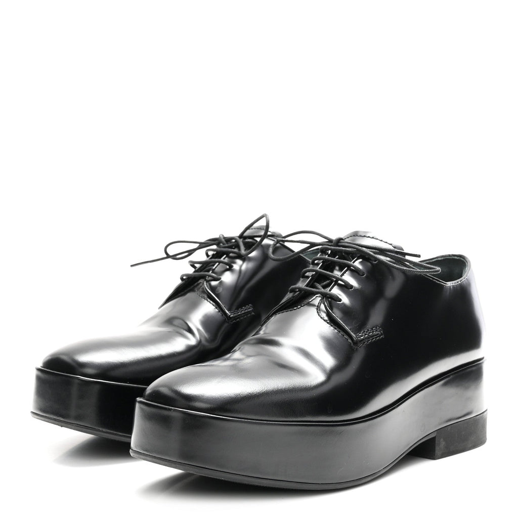 Prada Spazzolato Calfskin Women's Derby Platform Loafers 37 Black