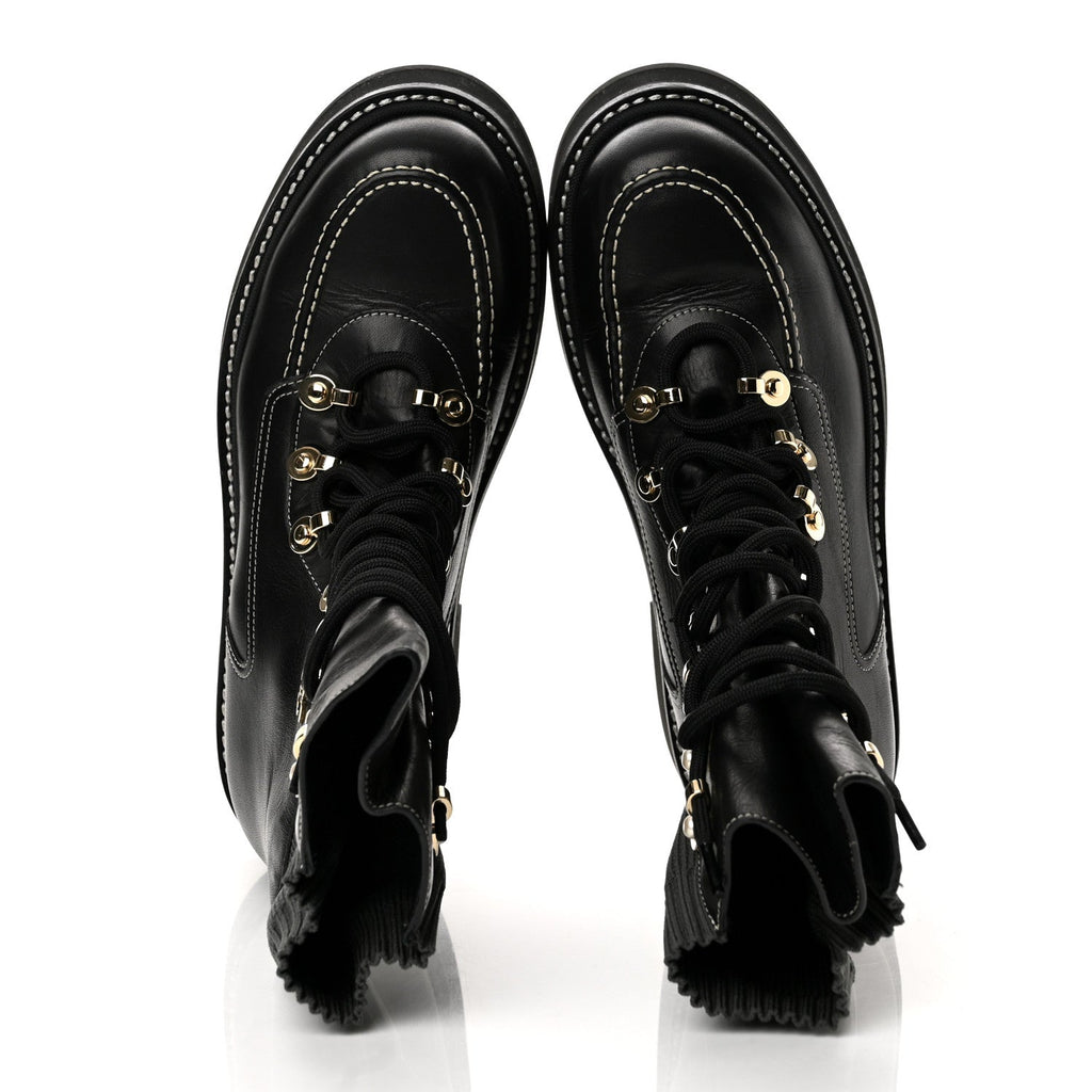 Chanel Calfskin Knit Lace Up Women's Combat Boots