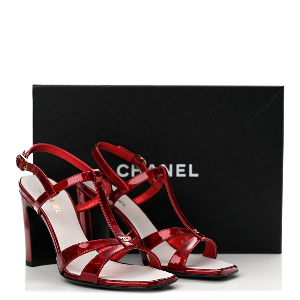 Chanel Laminated Calfskin CC Block Heel Women's Sandals