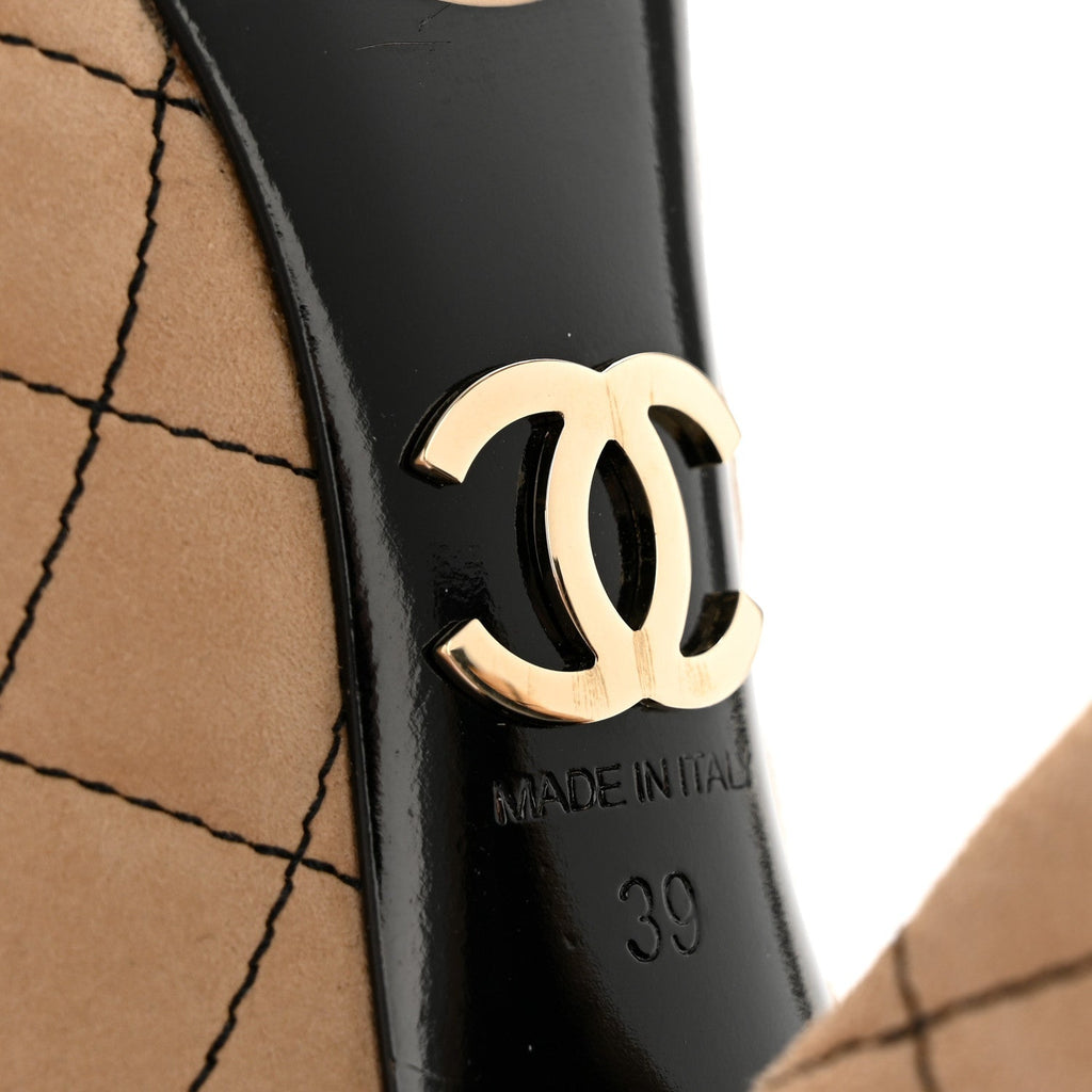 Chanel Suede Patent Women's Quilted CC Cap Toe Pumps 39 Beige Black
