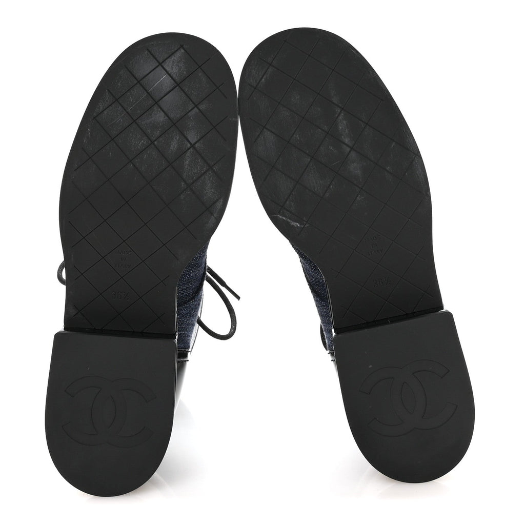 Chanel Fabric Patent Lambskin Women's Quilted CC Lace Up Combat Boots 36.5 Navy Blue Black