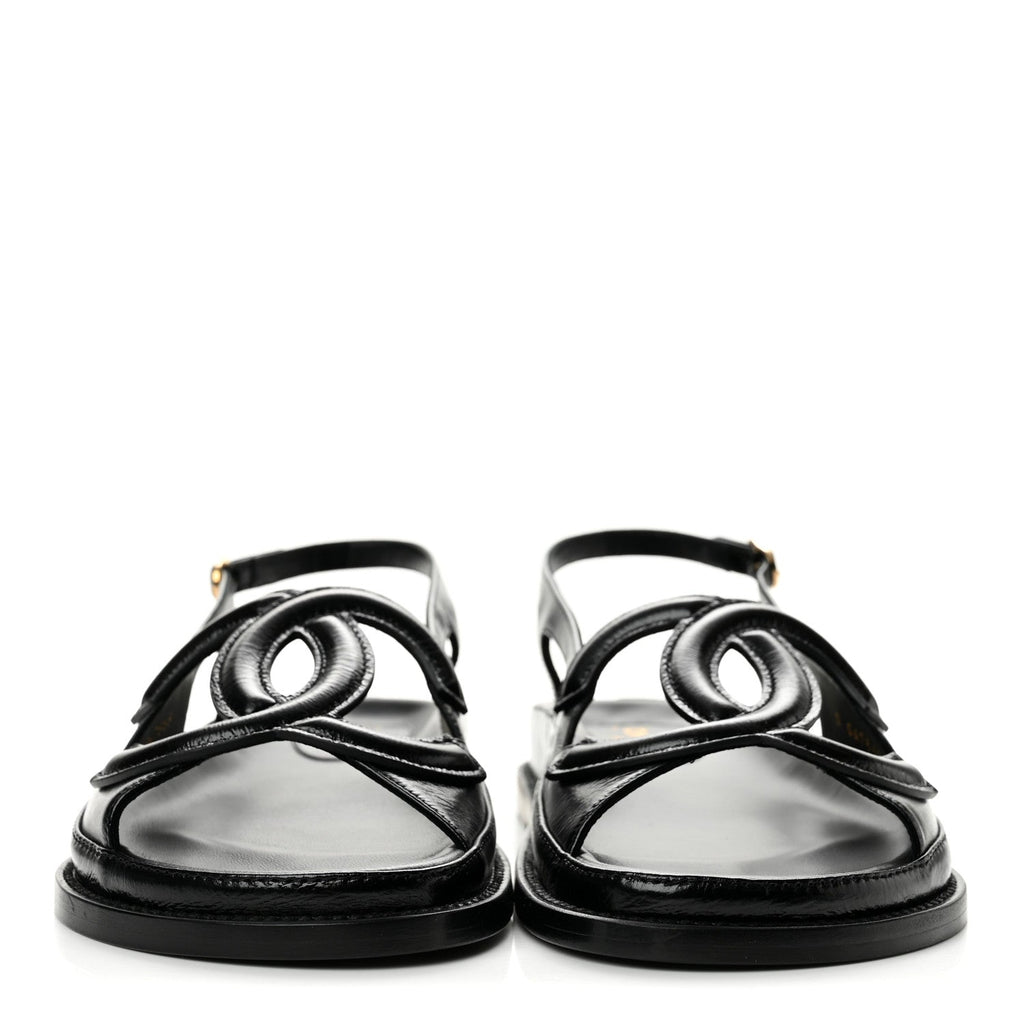 Chanel Crumpled Shiny Lambskin Women's CC Cut Out Dad Sandals 39 Black