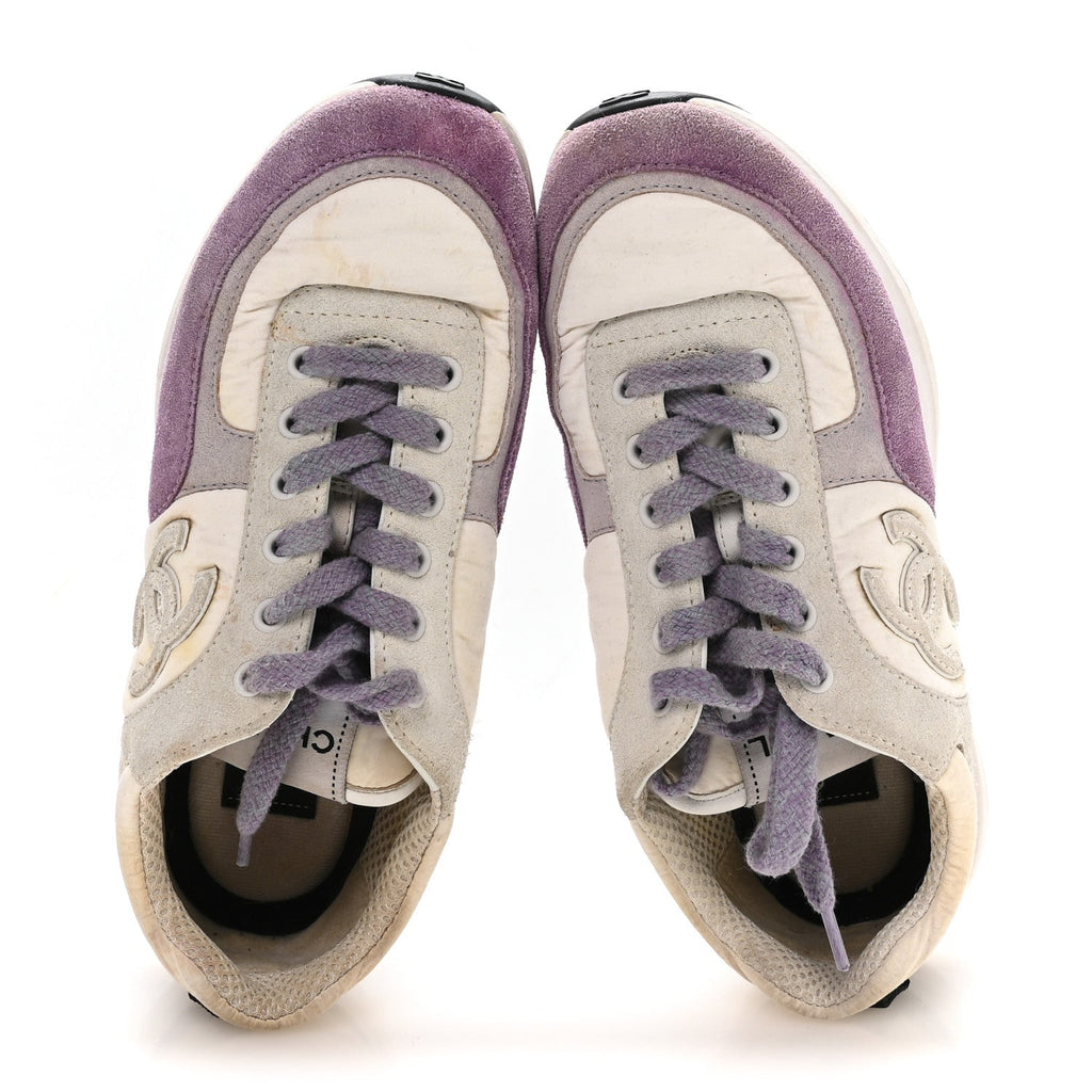 Chanel Nylon Calfskin Suede CC Women's Sneakers 36 White Light Grey Purple