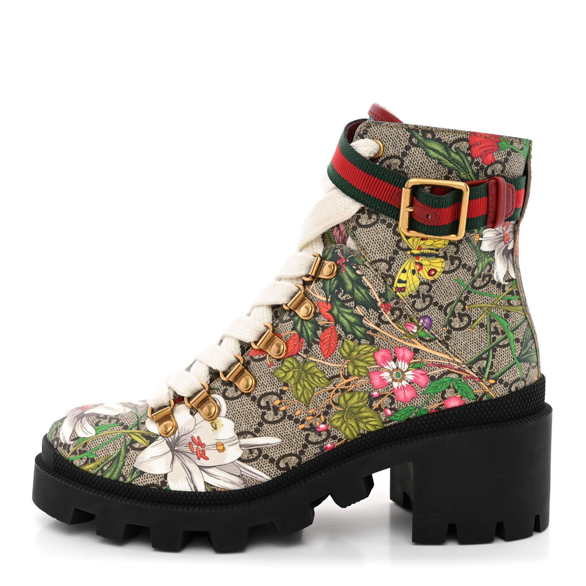 Gucci GG Supreme Monogram Flora Women's Lace Up Combat Ankle Boots 36 Beige Multicolor Red