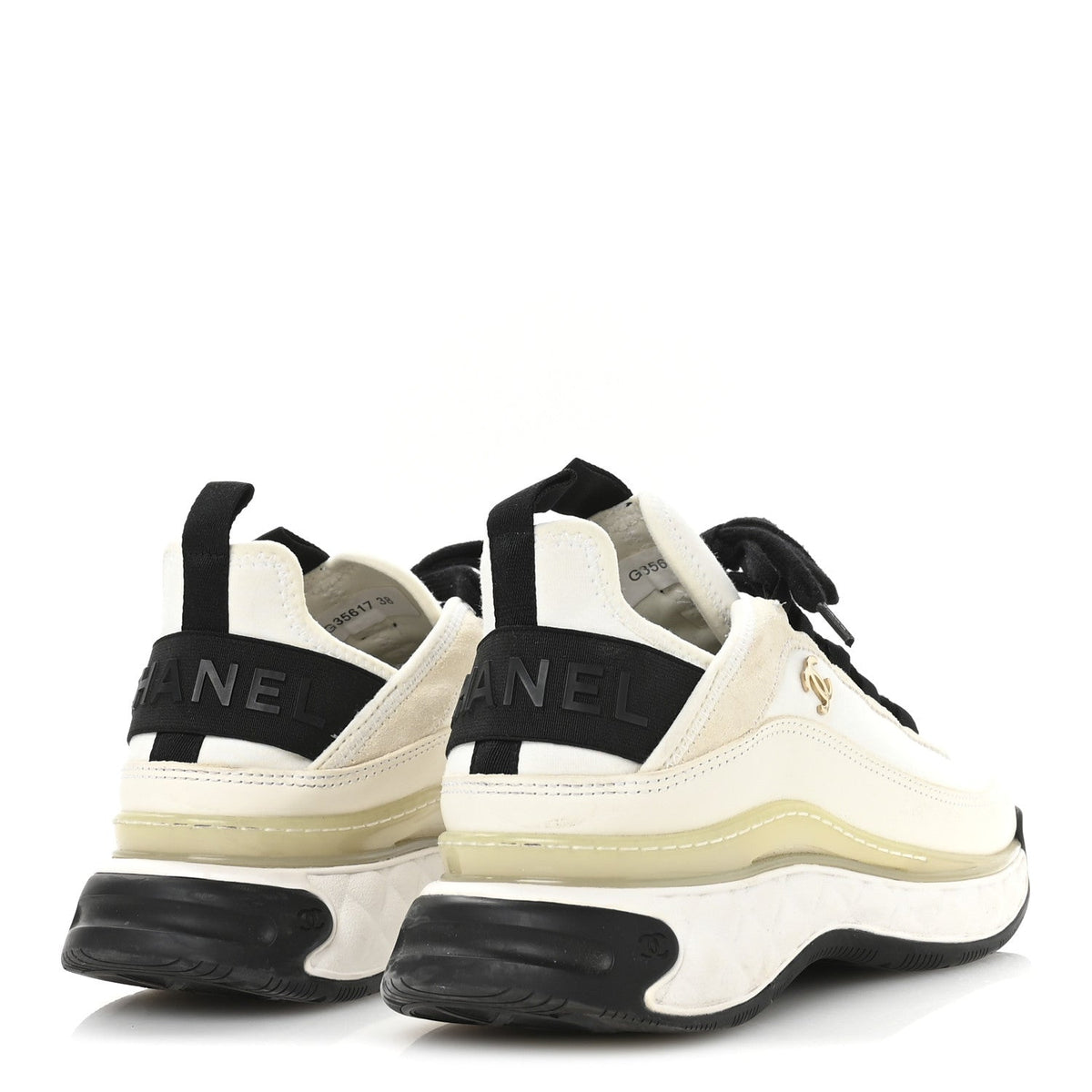 Chanel Velvet Calfskin Mixed Fibers Women's CC Sneakers 38 Ivory Black