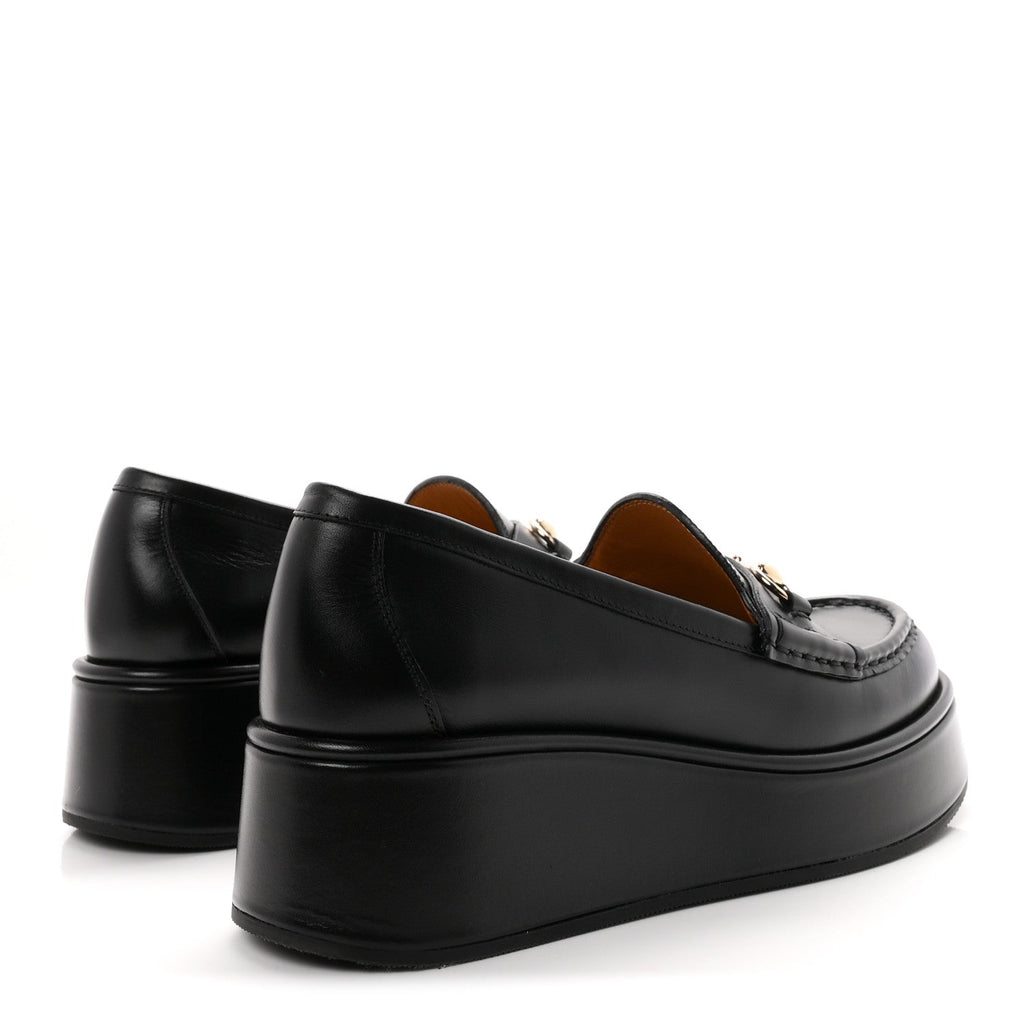 Gucci Calfskin Women's Kama Horsebit Wedge Platform Loafers 38.5 Black