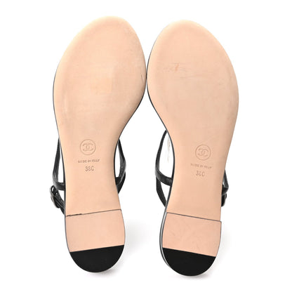 Chanel Lambskin Crystal Women's CC Thong Sandals 38 Black