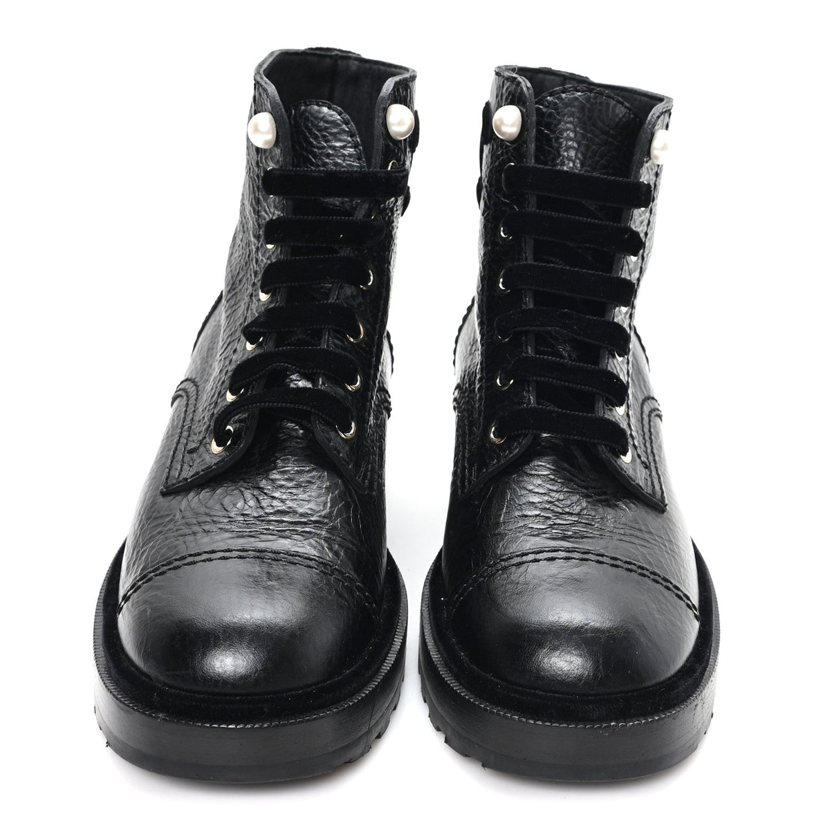 Chanel Shiny Calfskin Velvet Women's Pearl Combat Short Boots 37.5 Black