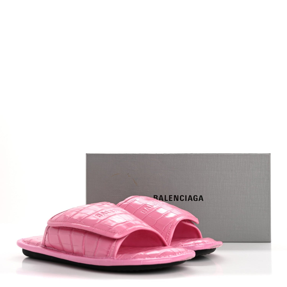 Balenciaga Crocodile Embossed Calfskin Logo Women's Slides 40 Fuxia