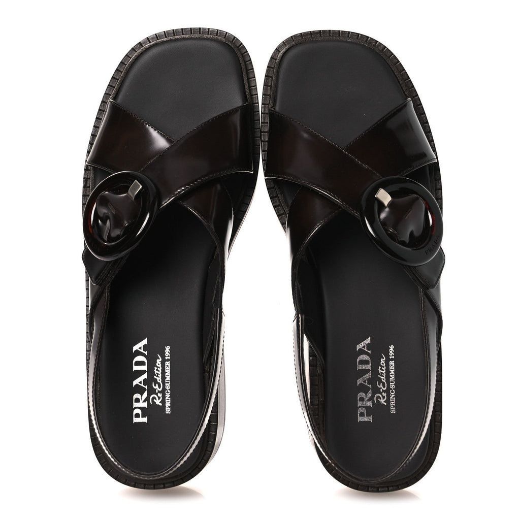 Prada Spazzolato Fume Women's Re-Edition 1996 Buckle Sandals 41 Bruciato