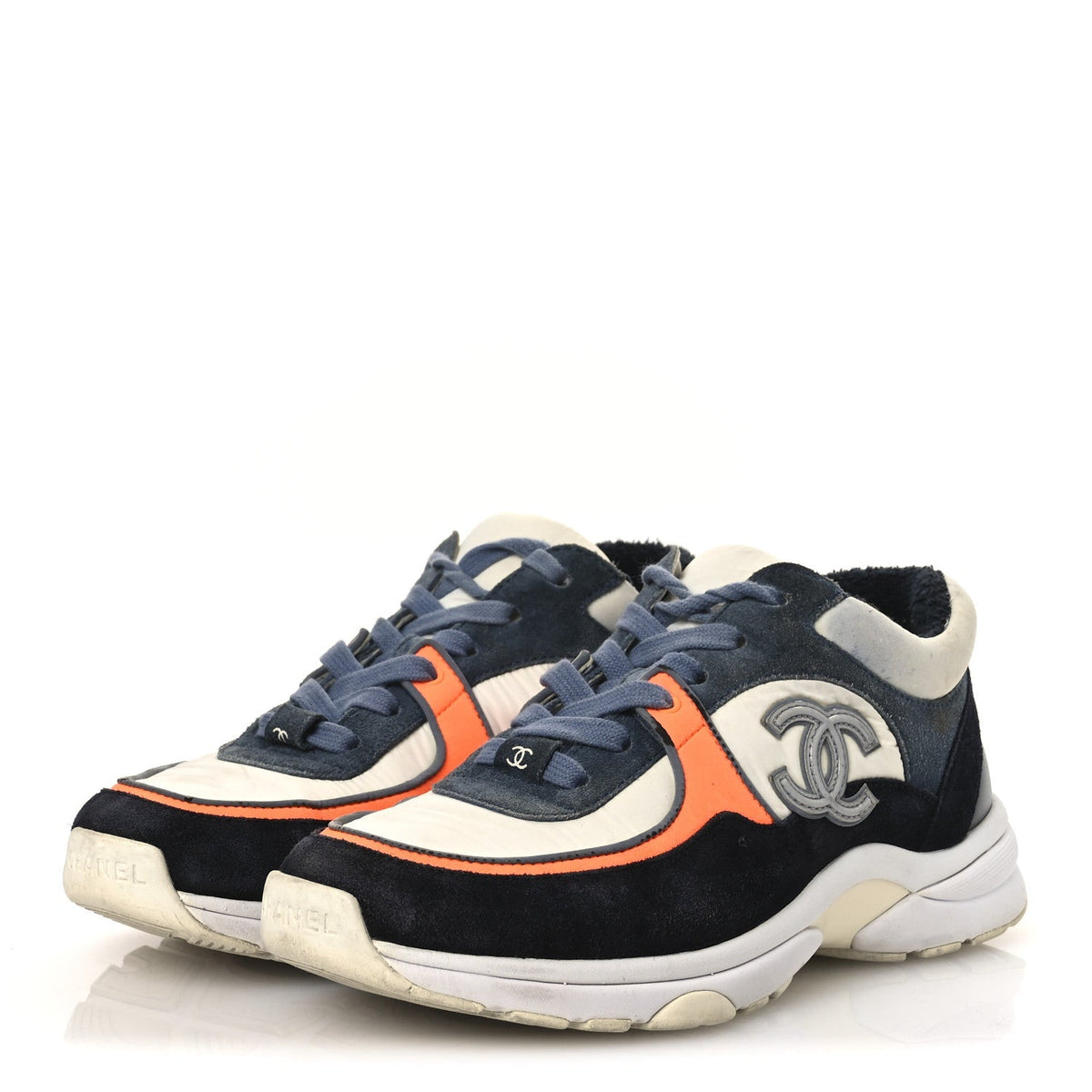 Chanel Nylon Calfskin Suede Women's CC Sneakers 35.5 Navy White Orange Black