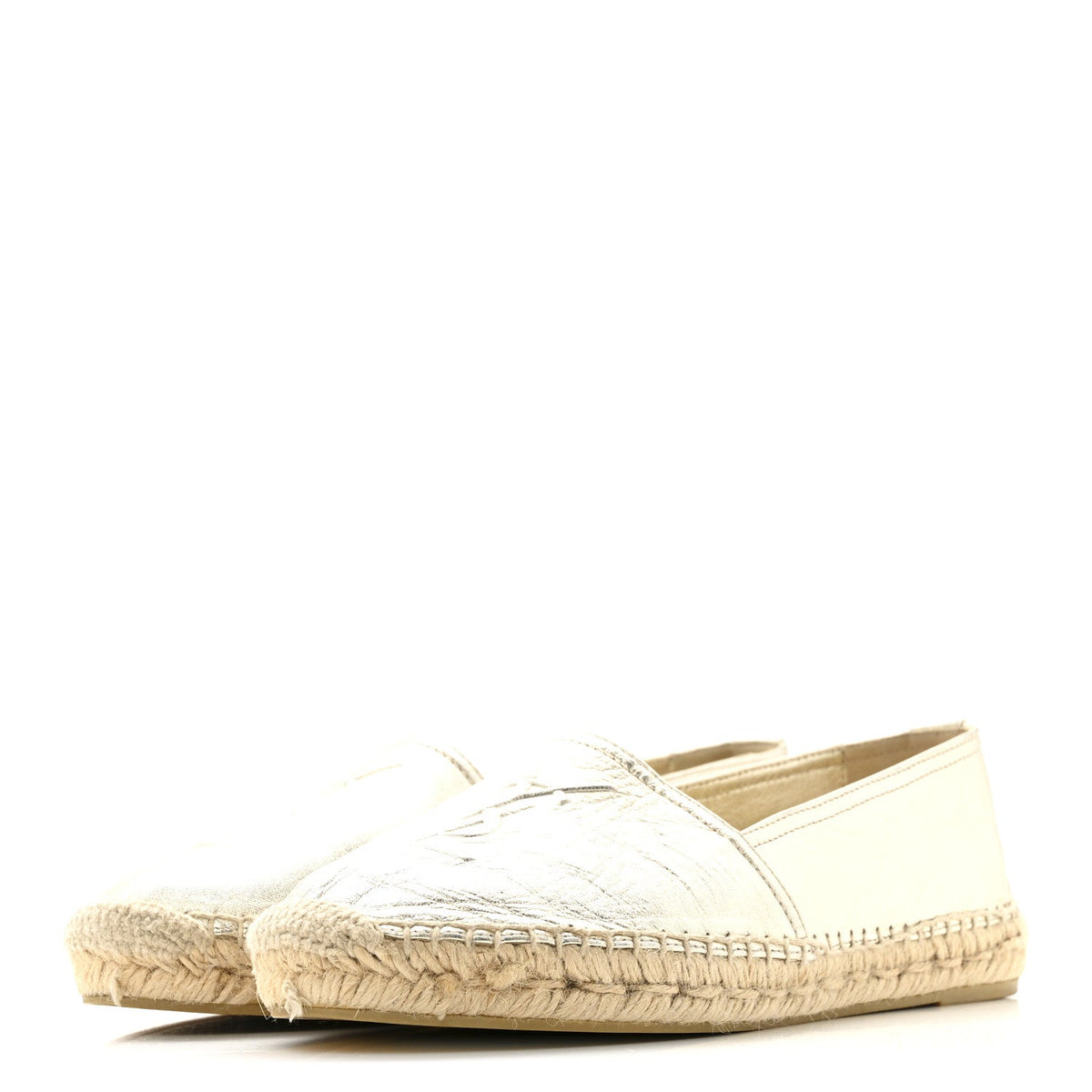 Saint Laurent Metallic Lambskin Women's Monogram Espadrilles 38 Platino
