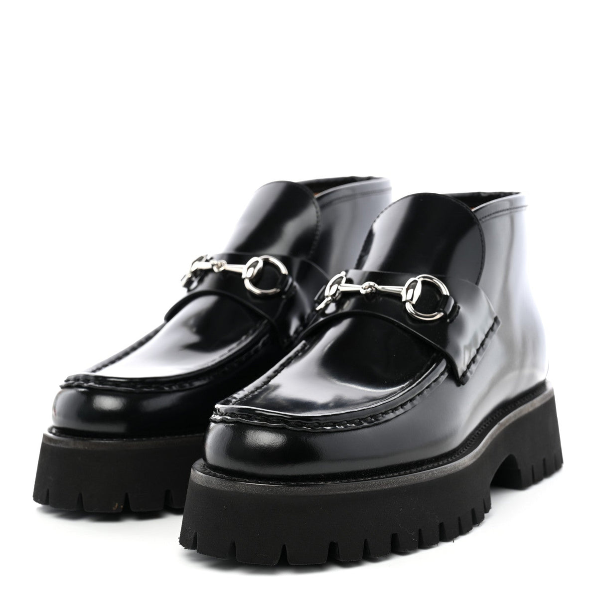 Gucci Cordovan Lux Calfskin Women's Horsebit Platform Ankle Boots 38.5 Black