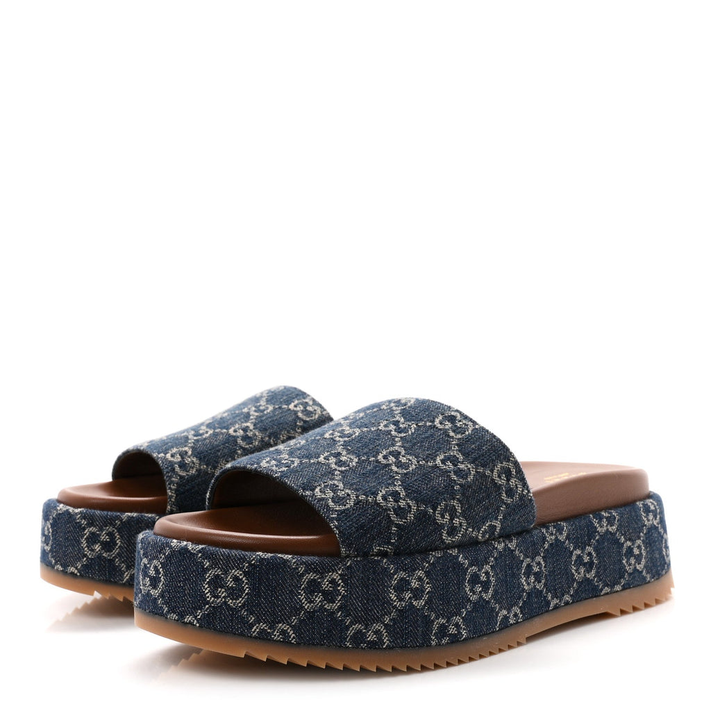 Gucci Denim Women's GG Monogram Angelina Platform Slide Sandals 40.5 Blue Tea