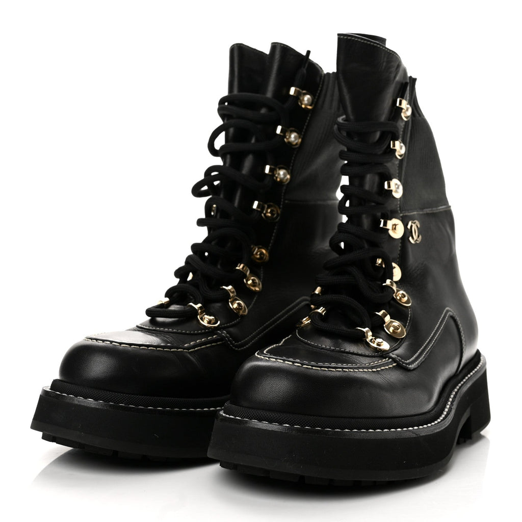 Chanel Calfskin Knit Lace Up Women's Combat Boots